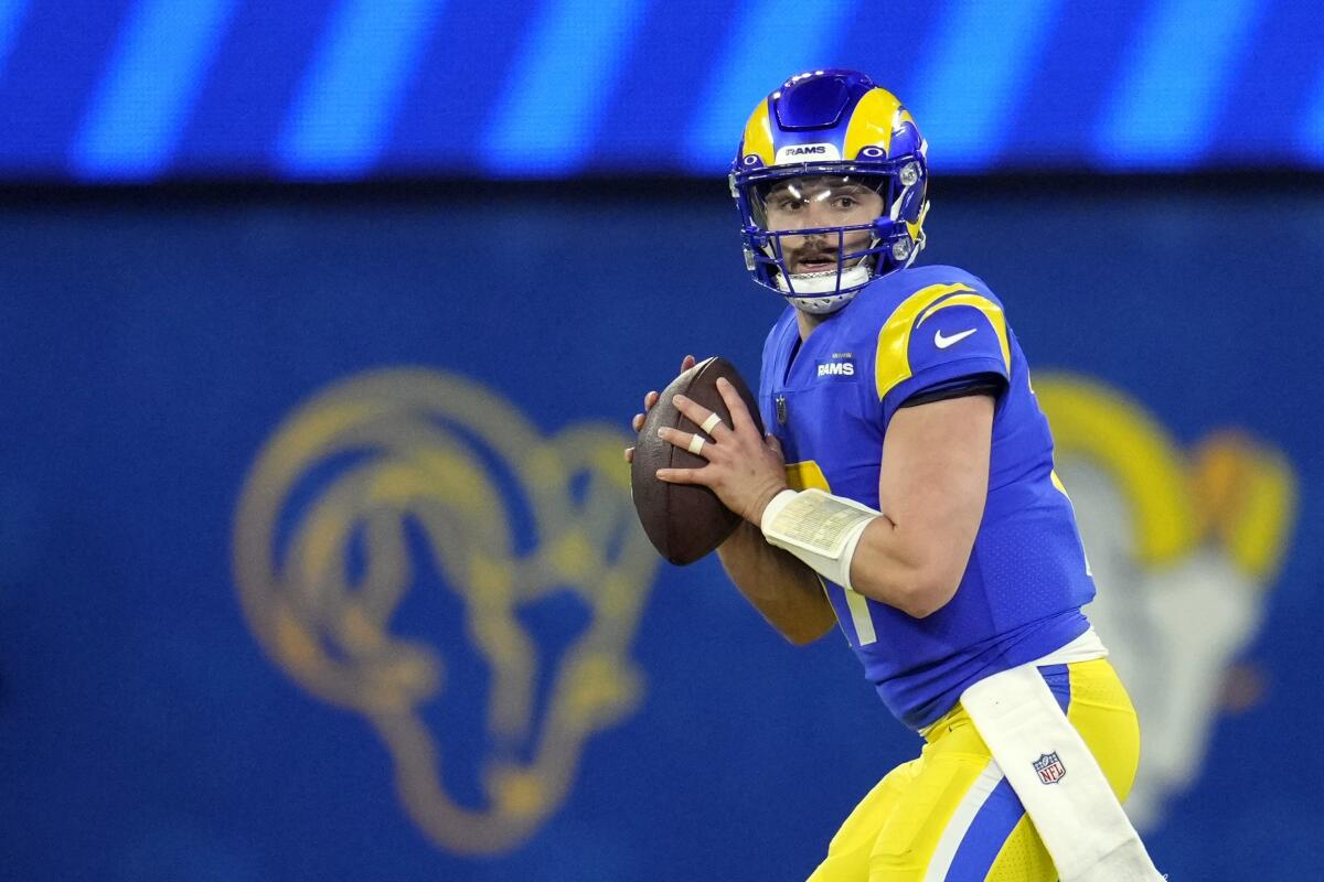 Rams quarterback Baker Mayfield looks to pass during a win over the Raiders on Dec. 8.