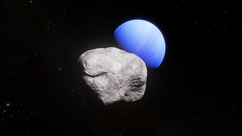 This artist's impression shows Neptune and its small, newly discovered moon Hippocamp. Images taken by the Hubble Space Telescope indicate the moon is about 34 kilometers across but do not show any surface structures.