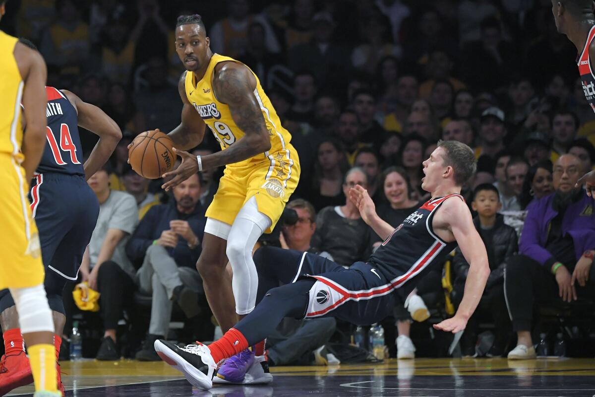 Washington Wizards forward Moritz Wagner, right, falls after Los Angeles Lakers center Dwight Howard fouled him during the second half of an NBA basketball game Friday, Nov. 29, 2019, in Los Angeles. The Lakers won 125-103. (AP Photo/Mark J. Terrill)