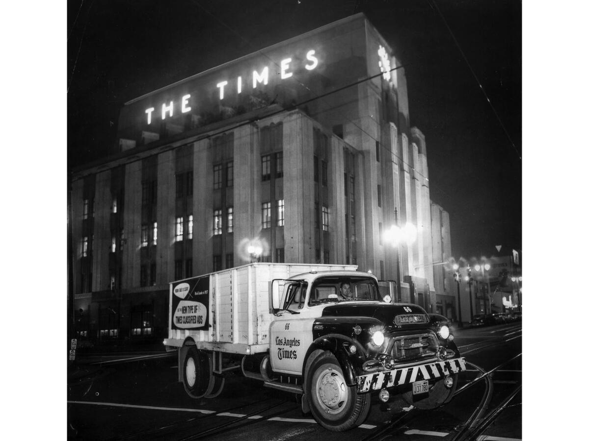 Dec. 1, 1957: A Los Angeles Times truck, one of a fleet of 70, leaves The Times building with 5 tons of newspapers.