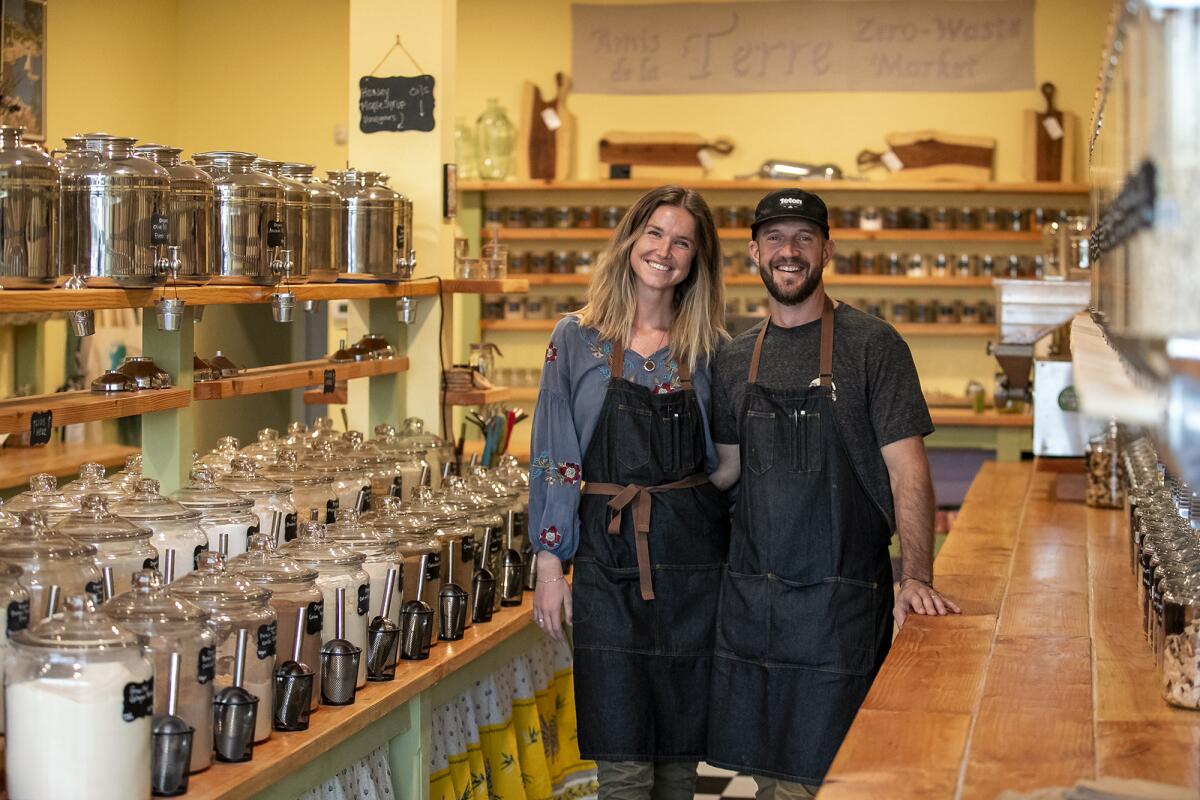 Newlyweds Jessica Walden and Chris McGuire own the zero-waste market Amis de la Terre, French for "Friends of the Earth."