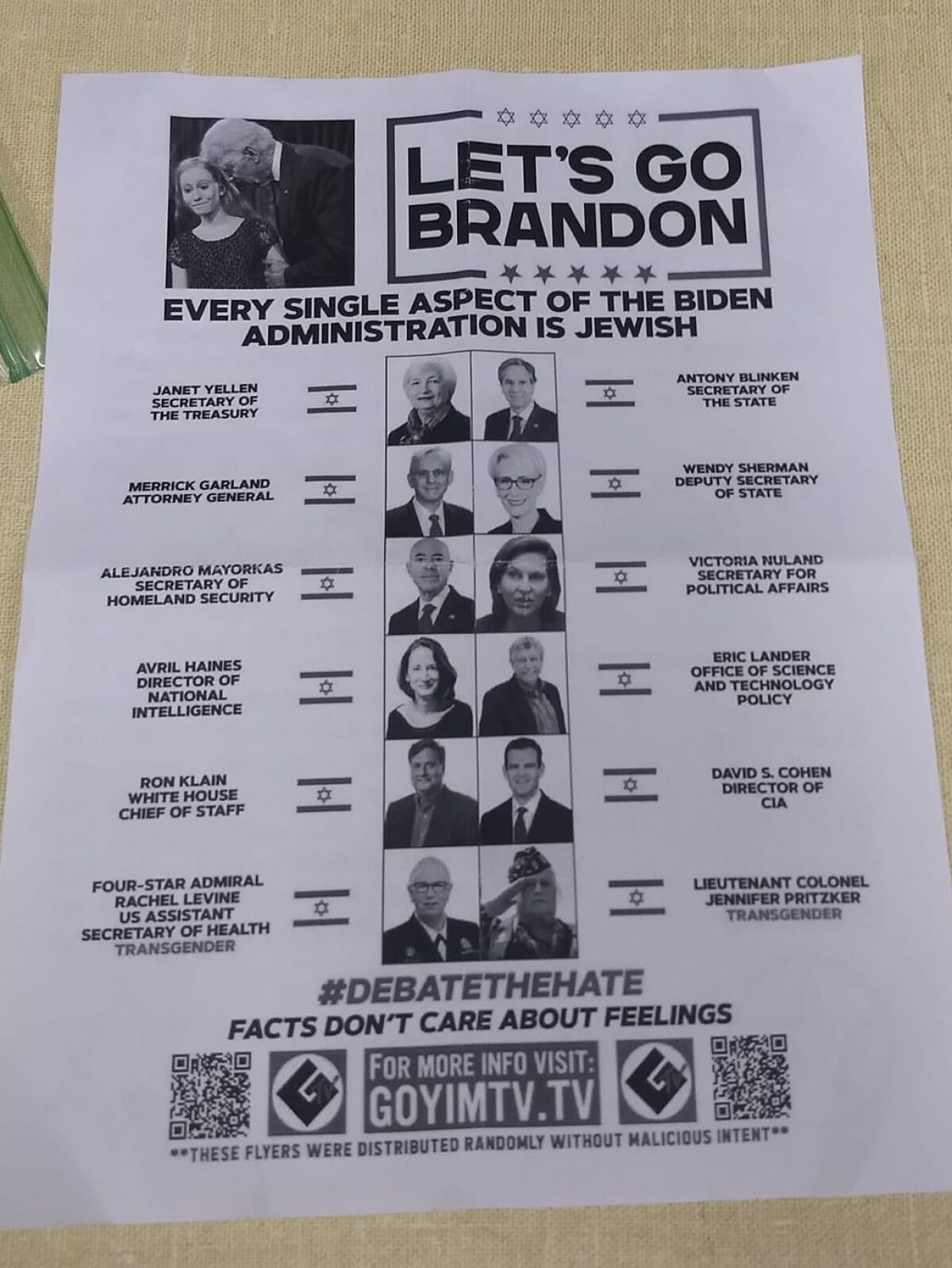 A flier that says "Let's go Brandon. Every single aspect of the Biden administration is Jewish"