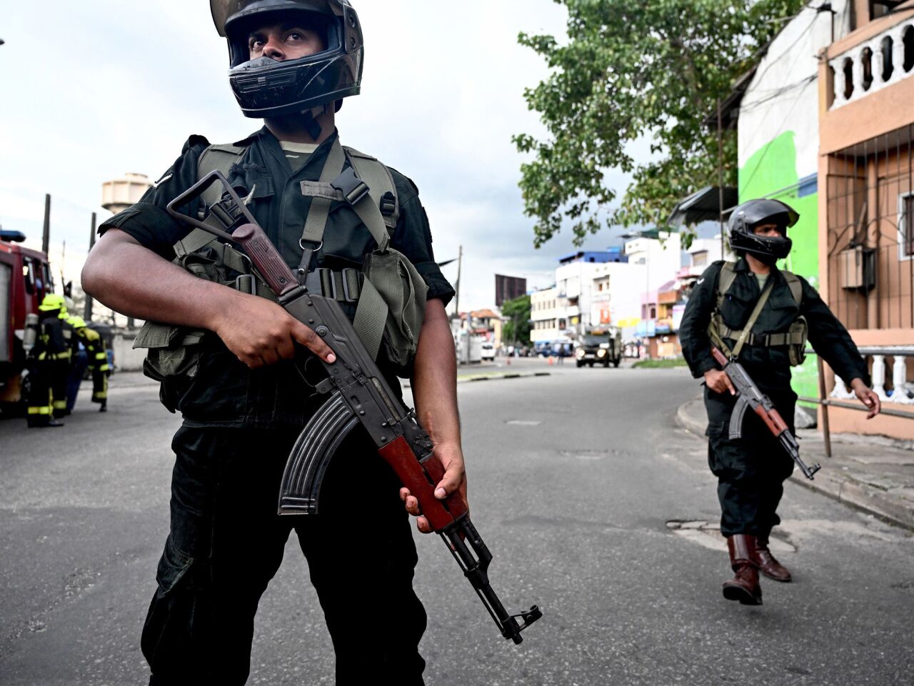 Soldiers secure an area near St. Anthony's Shrine on April 22. A device found in a van was detonated one day after a series of bomb blasts targeted churches and luxury hotels in Sri Lanka.