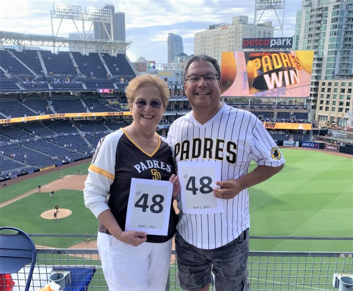 Carole Salazar and her son, Vic, at their 48th straight Padres home season opener on April 1, 2021 — his birthday.