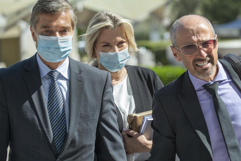 VAN NUYS, CA-APRIL 25, 2022: Rebecca Grossman, co-founder of the Grossman Burn Foundation, arrives at Van Nuys Courthouse for her preliminary hearing. Grossman is charged with murder and other counts stemming from a crash in Westlake Village that left two young brothers dead. (Mel Melcon / Los Angeles Times)