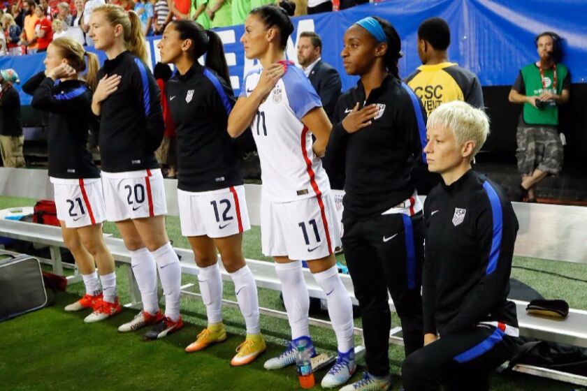 Megan Rapinoe kneels during the national anthem prior to the match between the United States and the Netherlands at the Georgia Dome on Sept. 18.