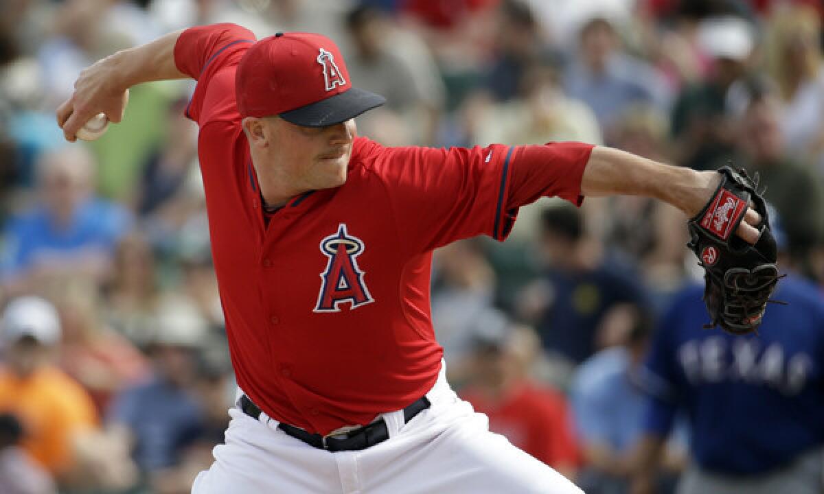 Angels reliever Joe Smith throws during an exhibition game against the Texas Rangers.