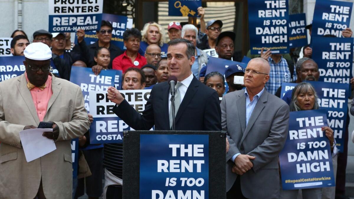 Los Angeles Mayor Eric Garcetti at an April rally endorsing an initiative that would allow for the expansion of rent control