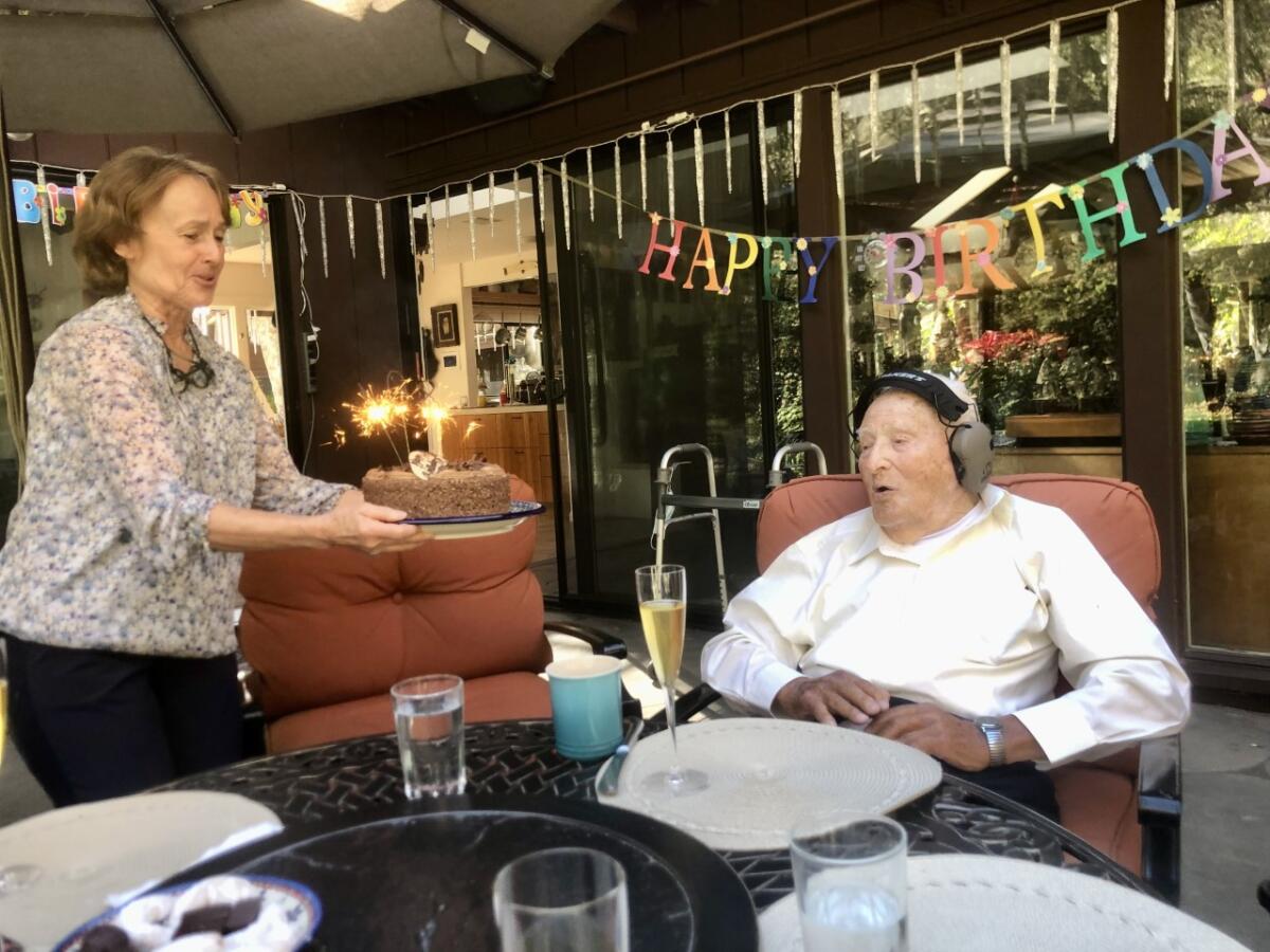 Morrie Markoff at his 108th birthday celebration with his daughter-in-law, Jadwiga.