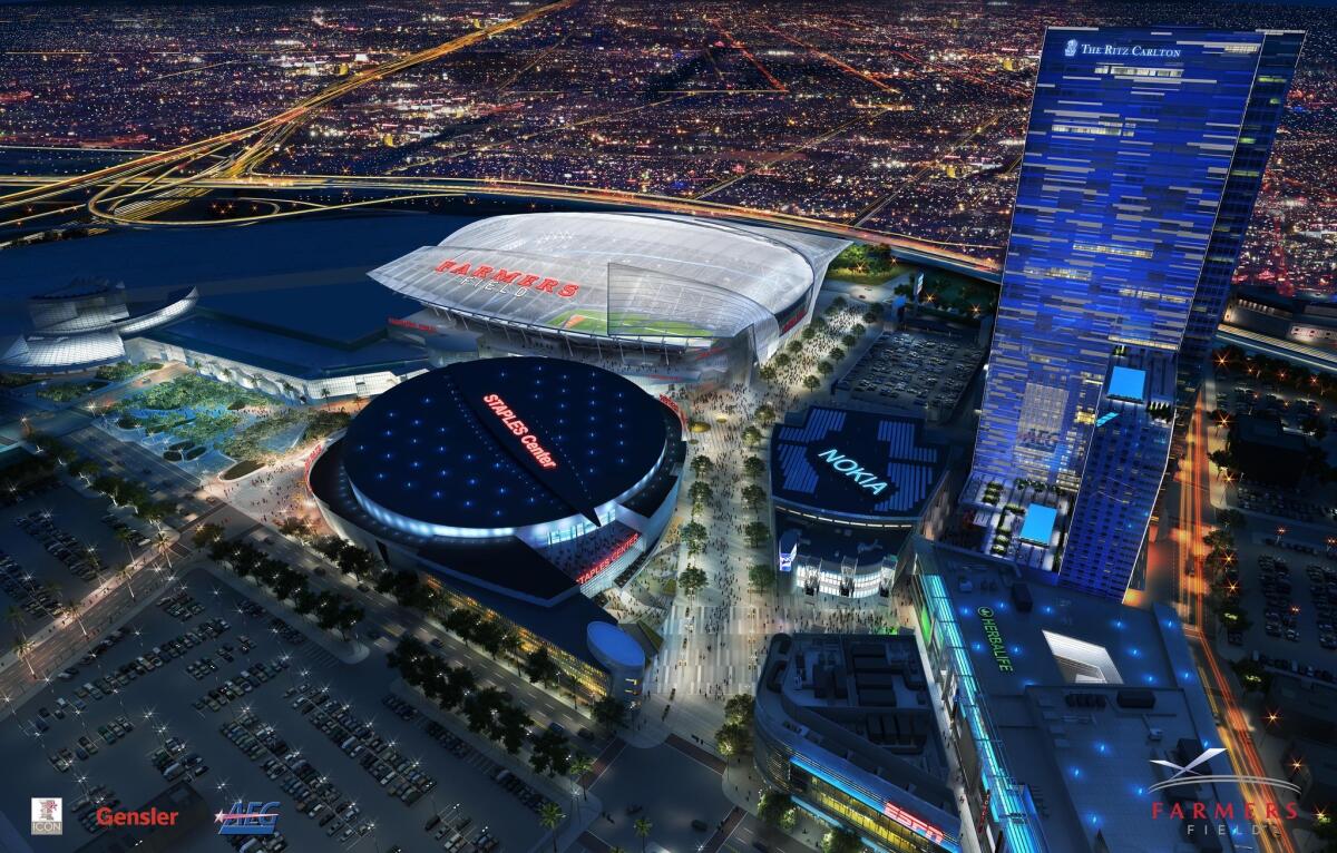 A rendering shows Farmers Field, an NFL stadium proposed by AEG for downtown adjacent to the L.A. Convention Center. (AEG)