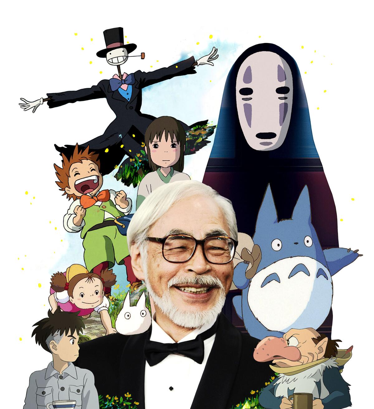 A photo collage of animation director Hayao Miyazaki surrounded by figures from his films.