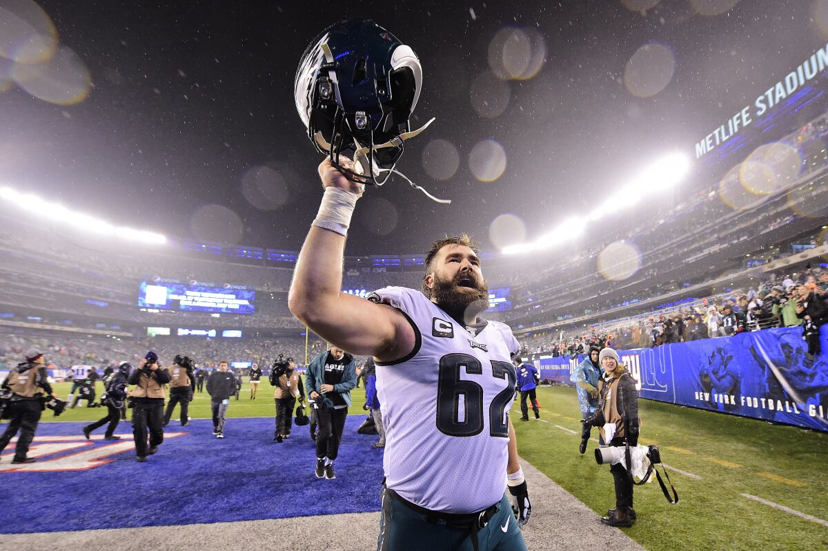 Philadelphia Eagles center Jason Kelce celebrates after a win over the New York Giants on Sunday.