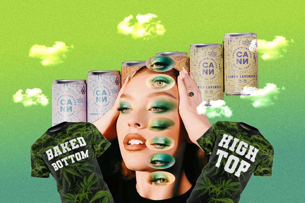 A photo illustration that includes two T-shirts, six beverage cans and a woman's face.