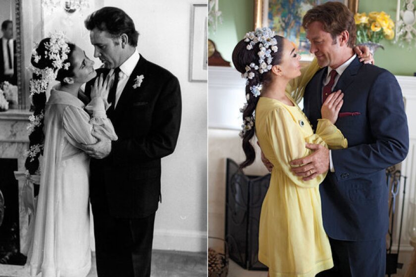 Left, Elizabeth Taylor and Richard Burton at their first wedding in 1964. Right, Lindsay Lohan and Grant Bowler re-create the moment