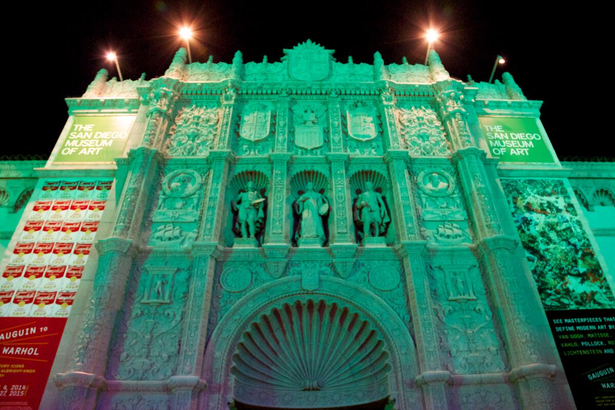 The San Diego Museum of Art in Balboa Park, lit up for December Nights.