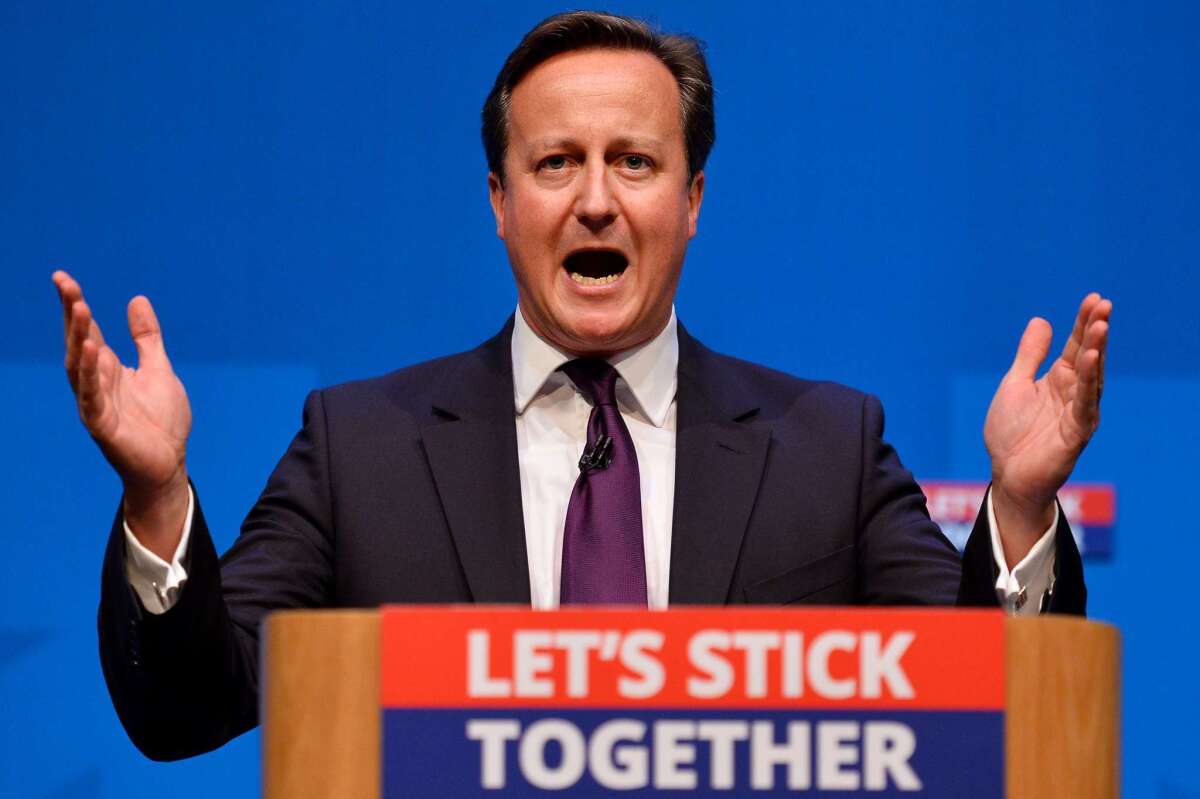 British Prime Minister David Cameron speaks during a news conference in Aberdeen, Scotland, ahead of a referendum on Scotland's independence.