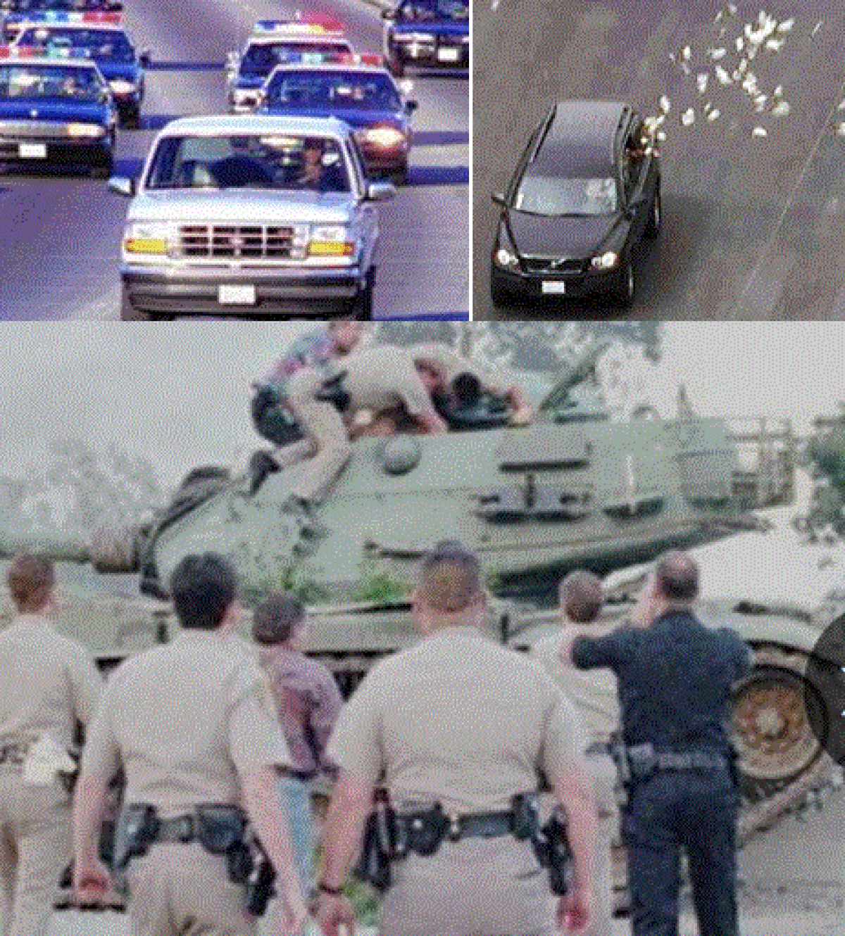 A montage of some of Southern California's wildest car chases, including the one involving O.J. Simpson; one in which robber threw money of the car and a chase and ramage involving a tank in San Diego.