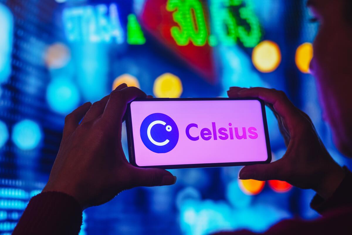 A smartphone screen shows a logo reading, "Celsius." 