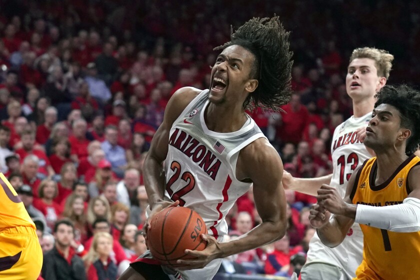 Arizona forward Zeke Nnaji drives against Arizona State in March.