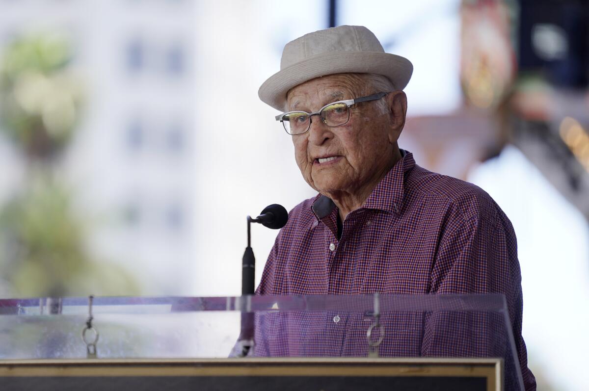 Norman Lear speaks at a Hollywood Walk of Fame star ceremony for actress Marla Gibbs in Los Angeles in 2021. 