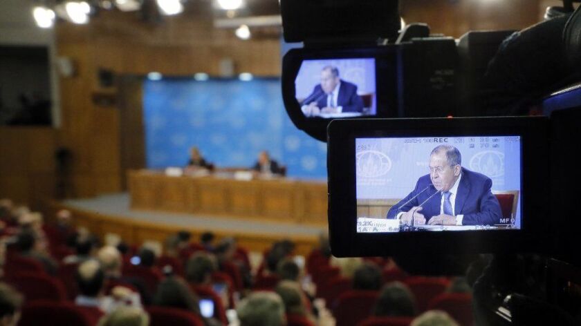 Russian Foreign Minister Sergei Lavrov speaks during his annual news conference in Moscow on Monday.