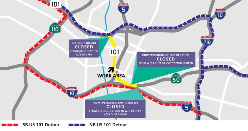 Detour map for 101 Freeway closure