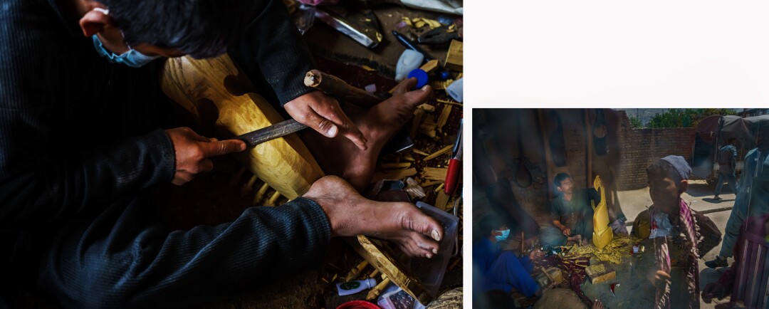 A worker files down a half-finished traditional Afghan rubab
