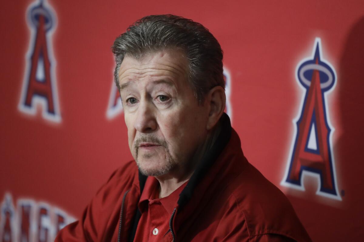 Angels owner Arte Moreno speaks during a news conference in 2017.