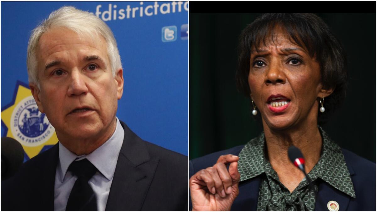 Diptych shows George Gascon and Jackie Lacey each speaking at a microphone
