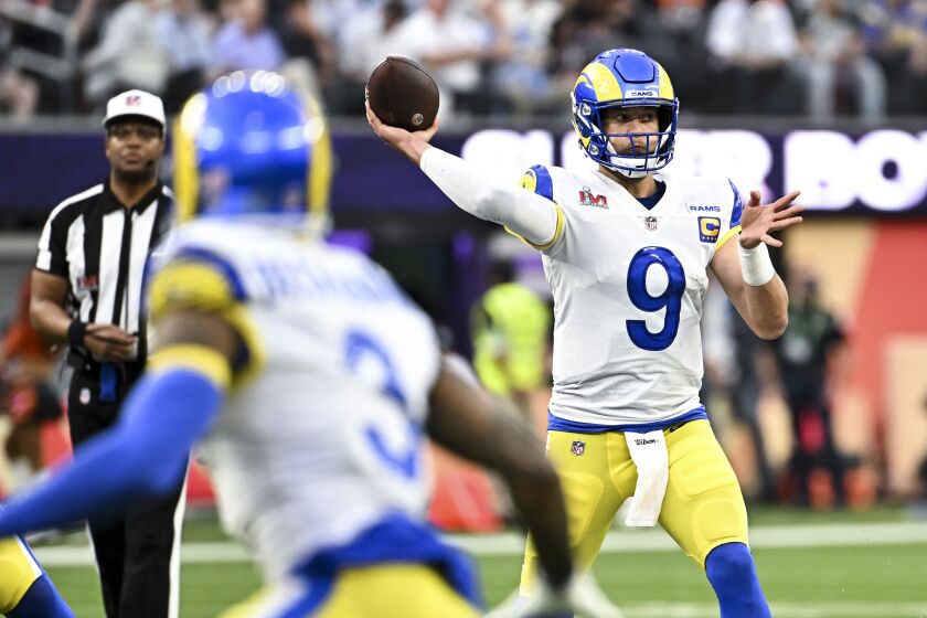 Inglewood, CA - February 13: Los Angeles Rams quarterback Matthew Stafford (9) throws the ball during the first quarter of the Super Bowl against the Cincinnati Bengals at SoFi Stadium on Sunday, Feb. 13, 2022 in Inglewood, CA.(Wally Skalij / Los Angeles Times)