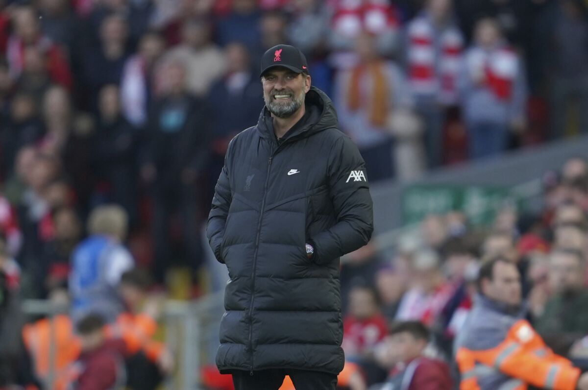 Liverpool's manager Jurgen Klopp gestures during the English Premier League soccer match between Liverpool and Tottenham Hotspur at Anfield stadium in Liverpool, England, Saturday, May 7, 2022. (AP Photo/Jon Super)