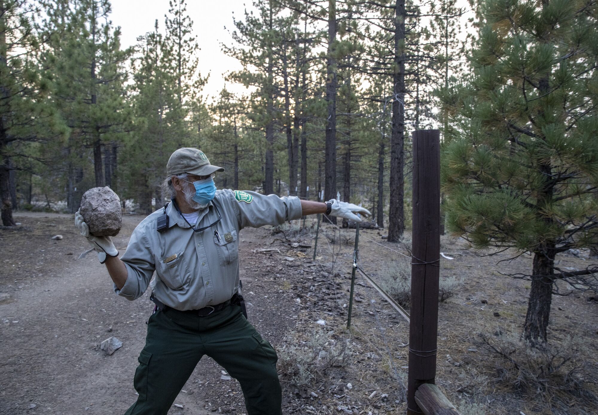  Forest protection officer Chon Bribiescas throws rocks from an illegal rock fire ring.