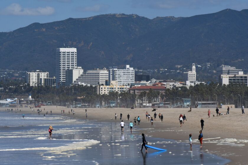 This was the view from Venice Beach north toward Santa Monica on the morning that L.A. County reopened its beaches after closure because of the coronavirus pandemic.