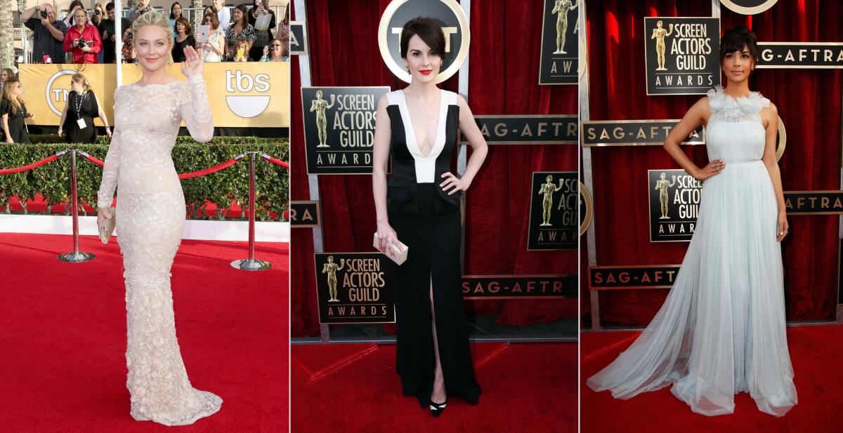 From left, Elisabeth Rohm in Marchesa, Michelle Dockery in J. Mendel, and Hannah Simone in Marchesa.