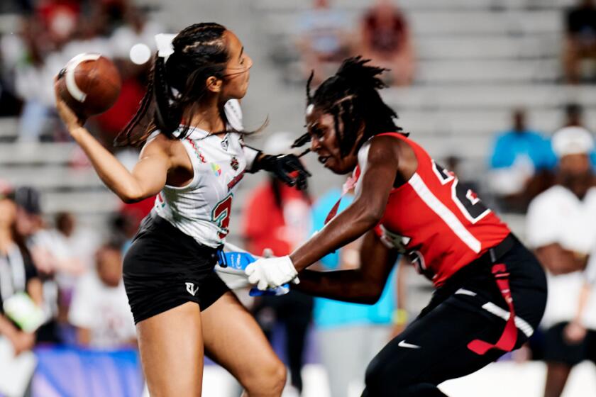 Mexico's Diana Flores throws the ball during a flag football tournament at the World Games 2022.