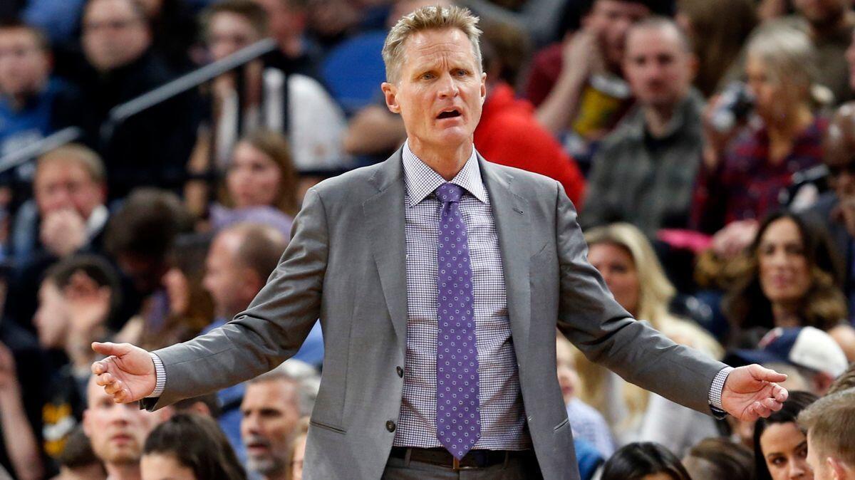 Golden State Warriors Coach Steve Kerr questions a call during the second half of a game against the Minnesota Timberwolves on March 10.