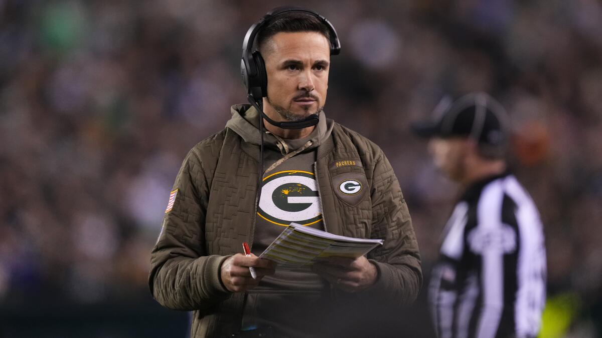 Green Bay Packers coach Matt LaFleur stands on the sideline during a game against the Philadelphia Eagles on Nov. 27.