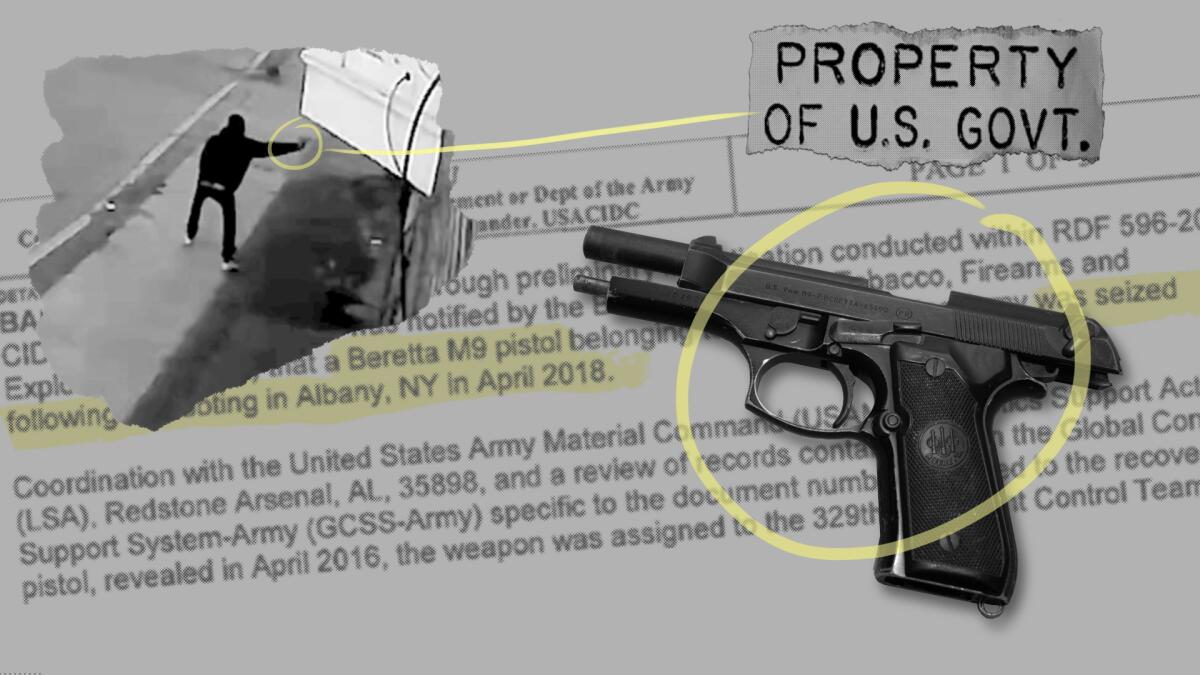 A gun lies atop a piece of paper alongside a portion of an image with a man pointing a gun.