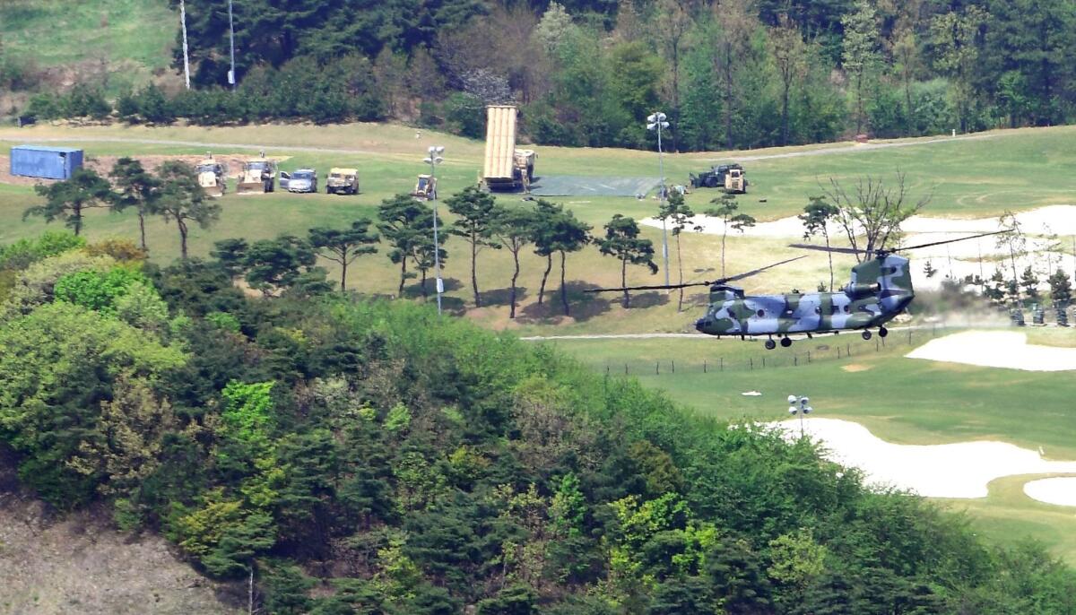 This picture taken on April 26, 2017, shows U.S. THAAD missile defense equipment (top, center) at a former golf course in the southern South Korean county of Seongju.