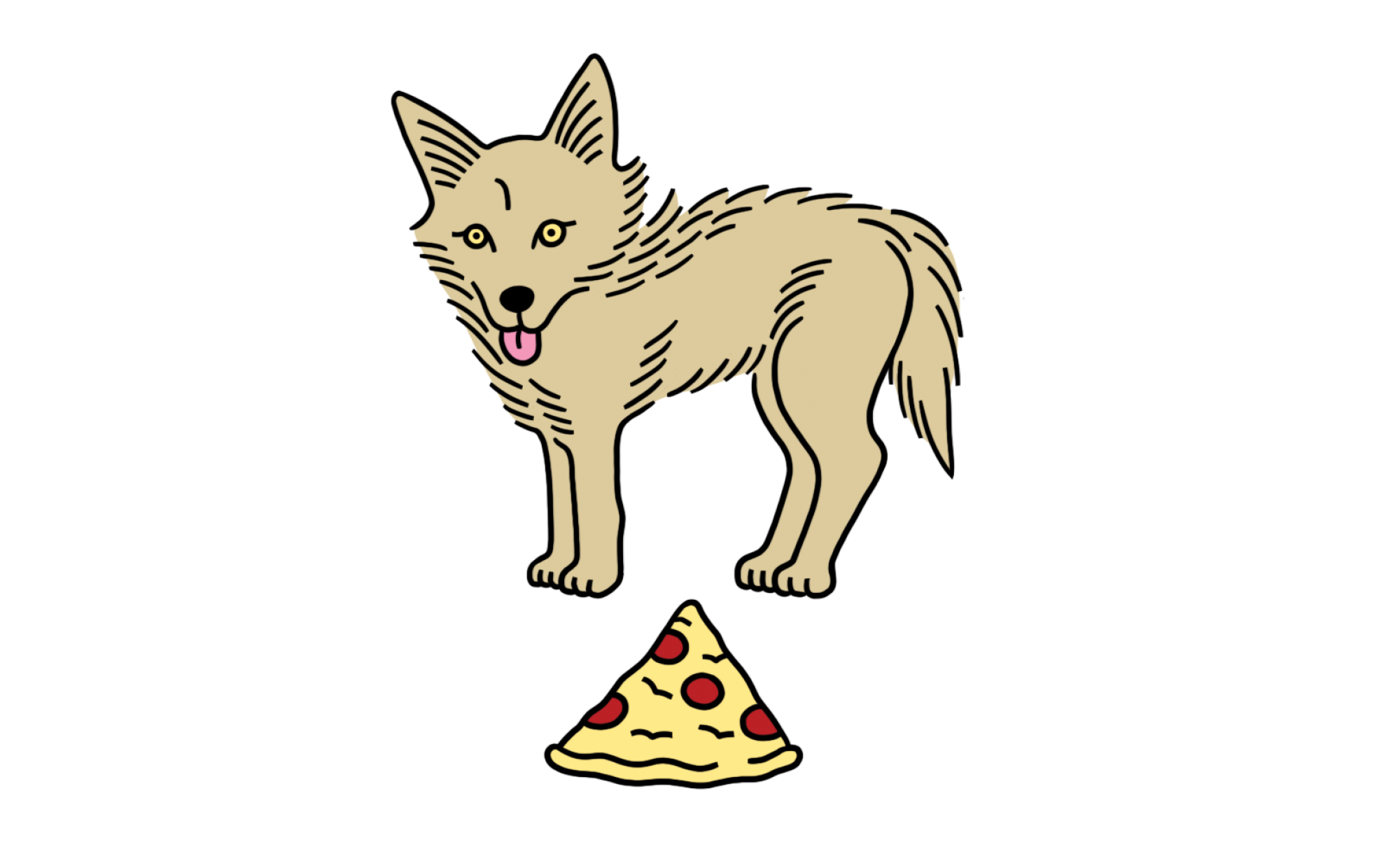 illustration of a coyote standing next to a slice of pizza