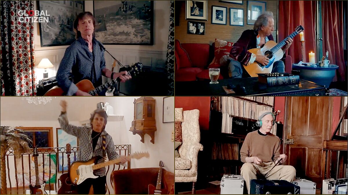 In this screengrab, Mick Jagger, Keith Richards, Ronnie Wood and Charlie Watts of the Rolling Stones perform during "One World: Together at Home" presented by Global Citizen on April, 18. The global broadcast and digital special was held to support front-line health care workers and the COVID-19 Solidarity Response Fund for the World Health Organization.