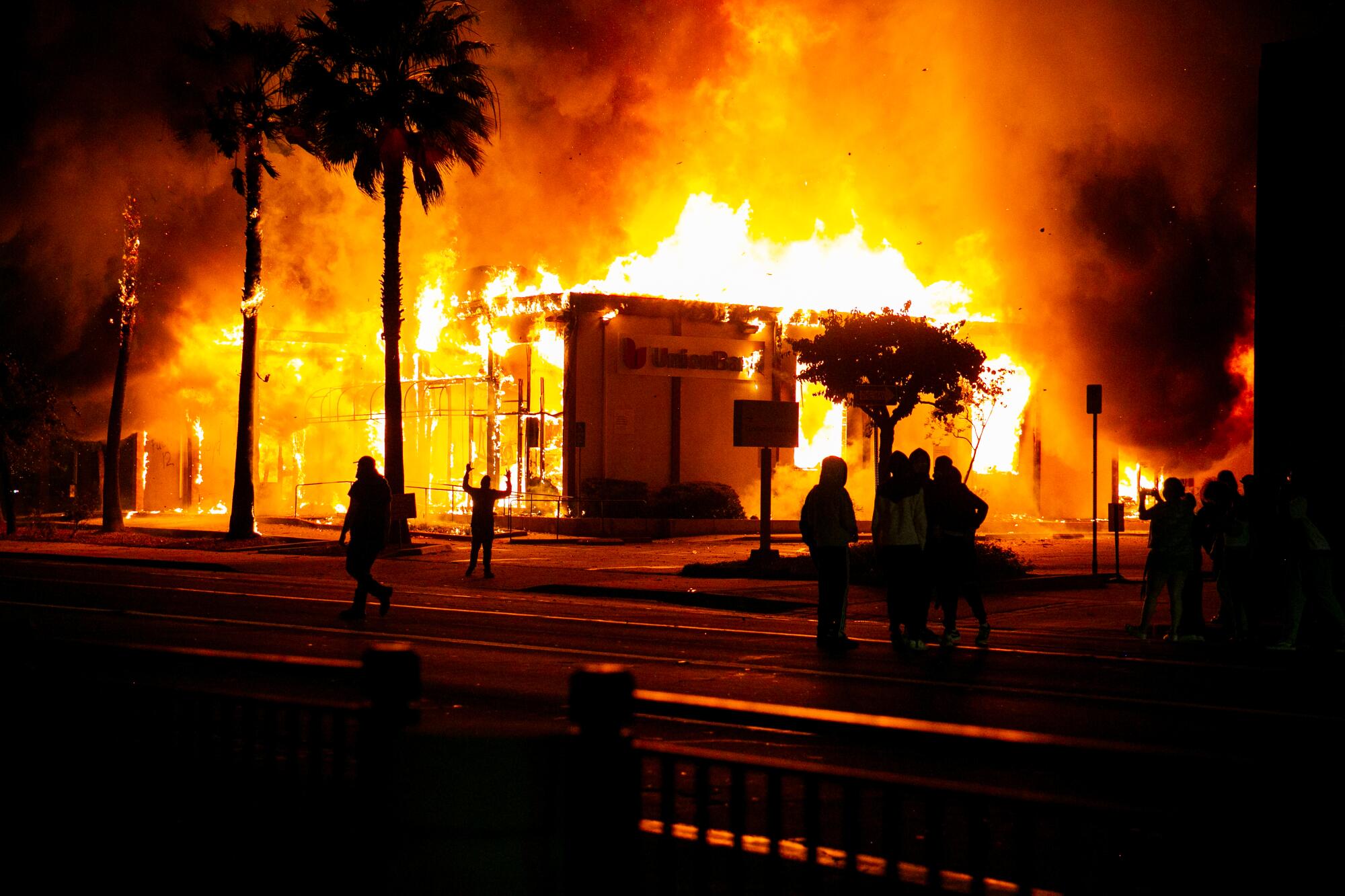 A Union Bank is burned to the ground by looters on May 30, 2020 in La Mesa, California.