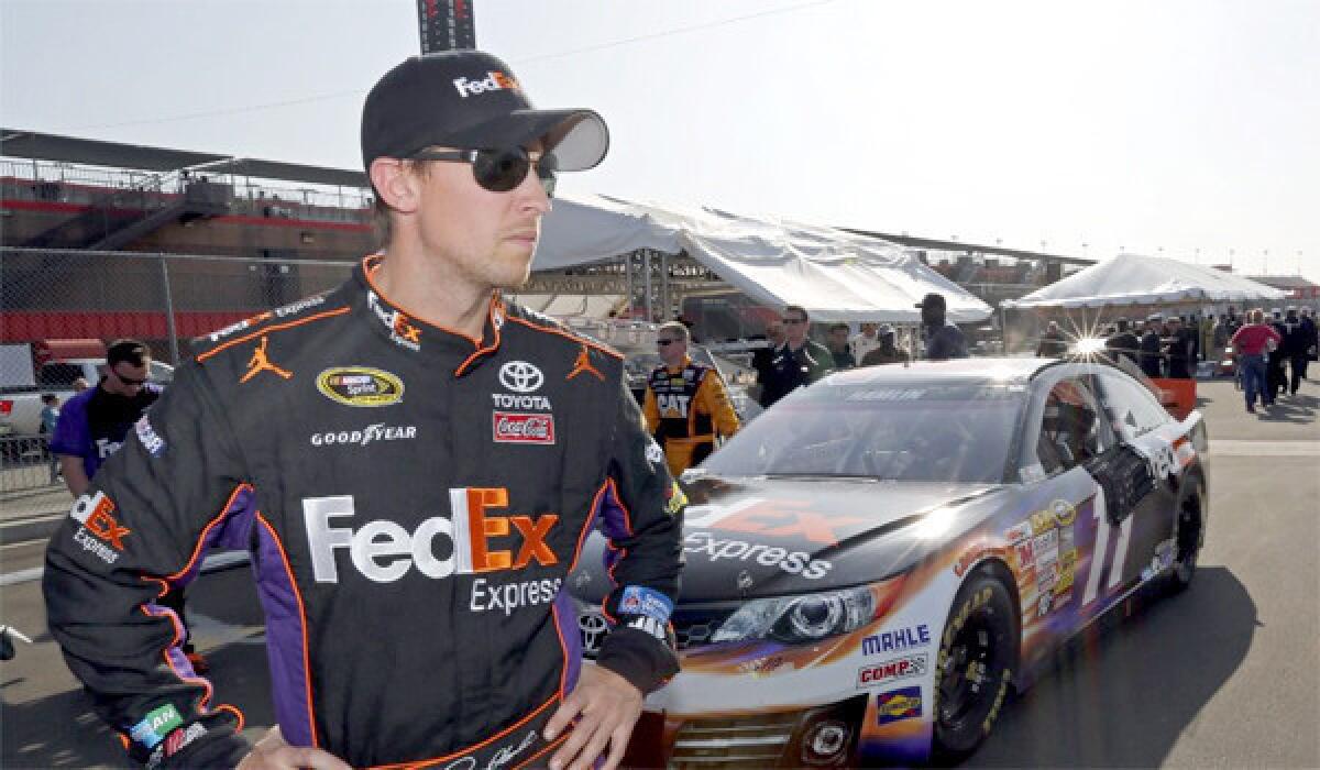 Denny Hamlin looks for his first win at Fontana in 12 tries after grabbing pole position for Sunday's race.