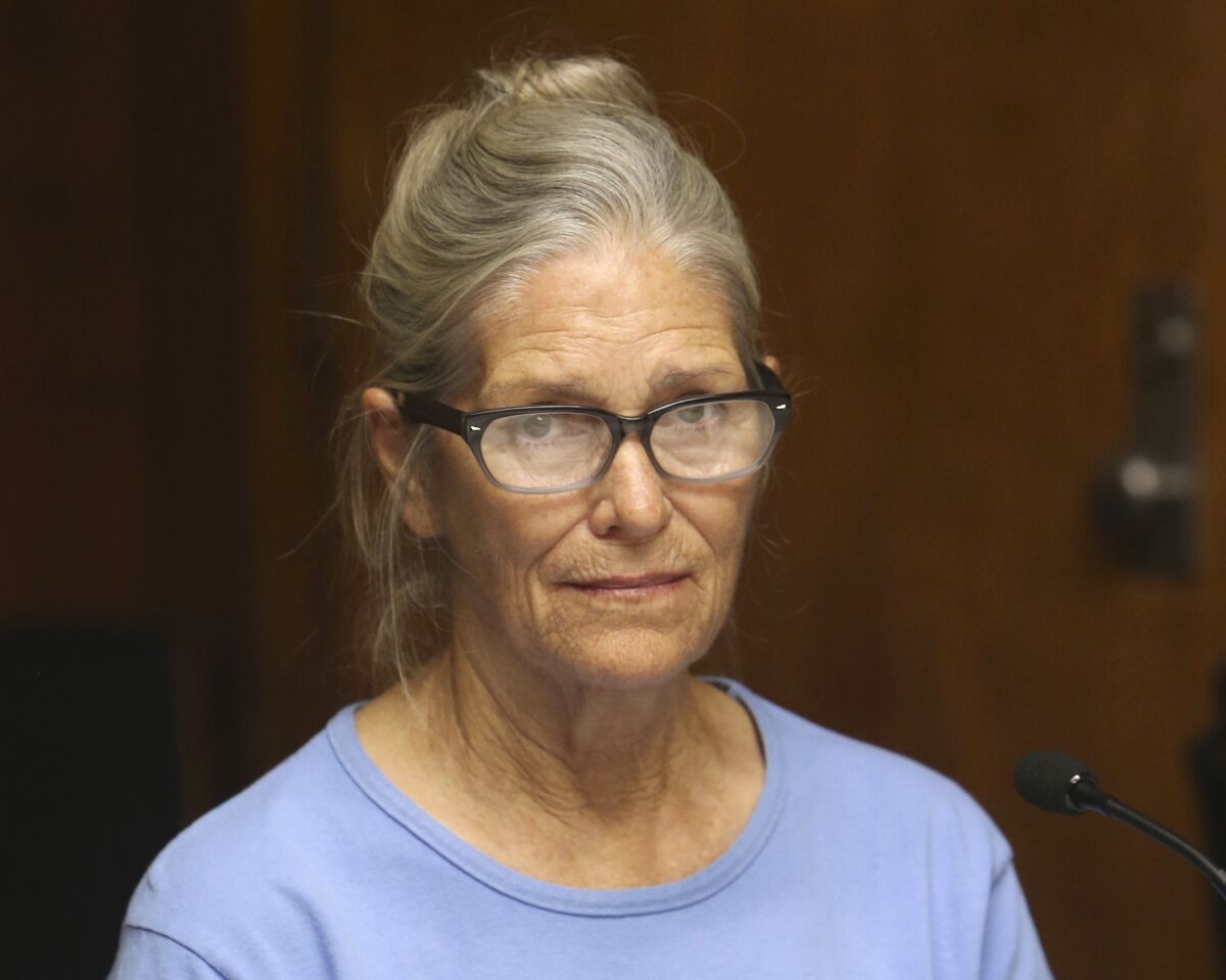FILE - Leslie Van Houten attends her parole hearing at the California Institution for Women Sept. 6, 2017 in Corona, Calif. The California Supreme Court has denied a potential bid for freedom by Charles Manson follower Leslie Van Houten following Gov. Gavin Newsom's rejection of her parole. The court on Wednesday, Feb. 9, 2022 refused to hear Van Houten's appeal of a lower court ruling last December that denied her petition for a review. (Stan Lim/The Orange County Register via AP, Pool, File)