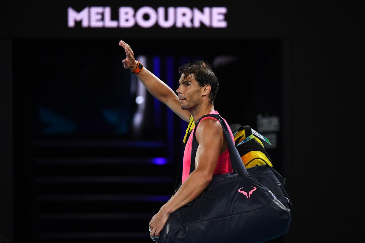 Spain's Rafael Nadal walks off the court after losing against Austria's Dominic Thiem during their men's singles quarter-final match on day ten of the Australian Open tennis tournament in Melbourne on January 29, 2020. (Photo by William WEST / AFP) / IMAGE RESTRICTED TO EDITORIAL USE - STRICTLY NO COMMERCIAL USE (Photo by WILLIAM WEST/AFP via Getty Images) ** OUTS - ELSENT, FPG, CM - OUTS * NM, PH, VA if sourced by CT, LA or MoD **