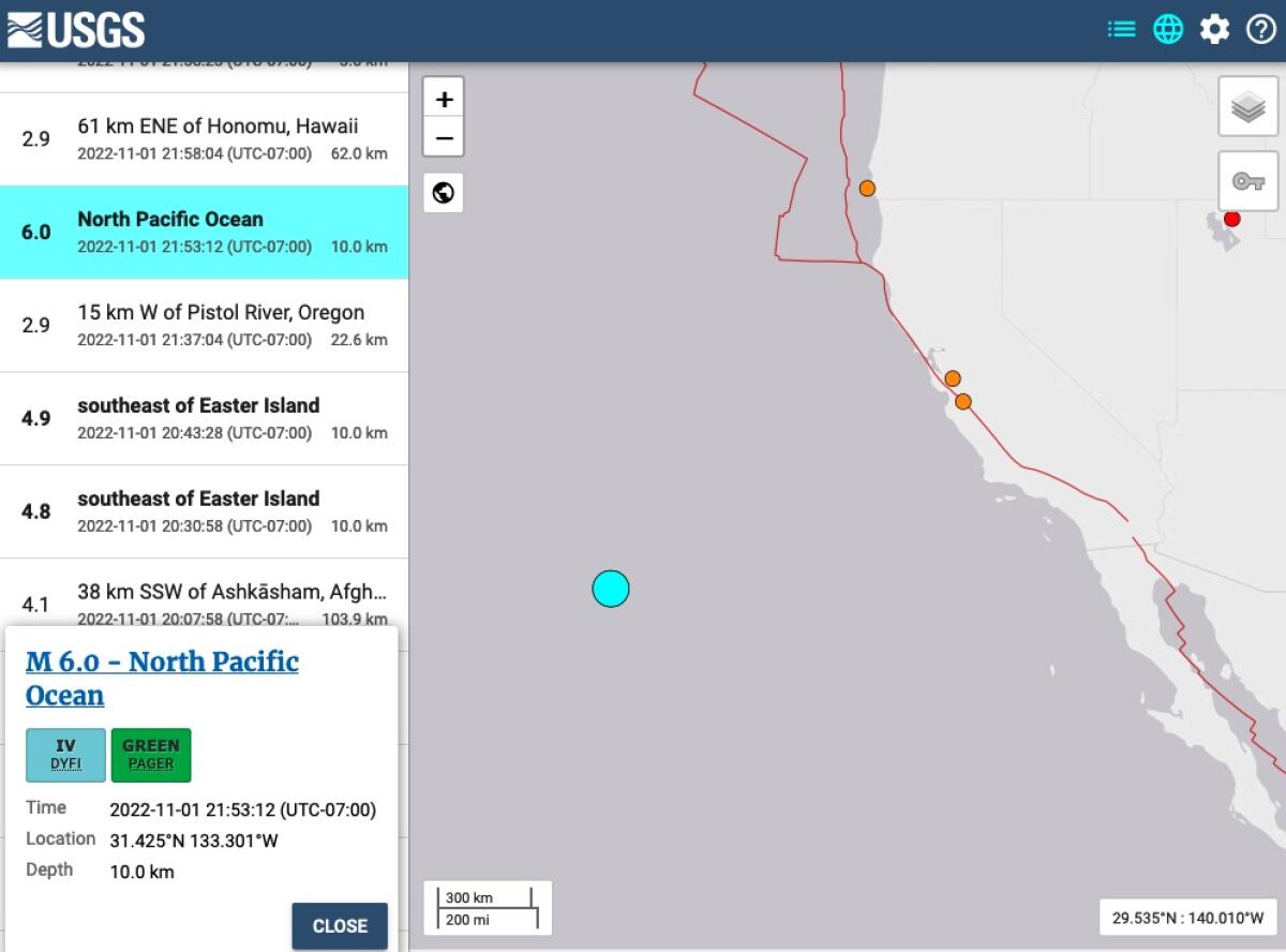 Screenshot from the USGS.gov website shows an earthquake off the California coast on Nov. 1, 2022.