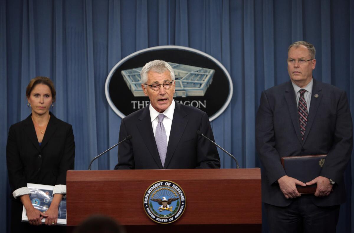 Chuck Hagel holds a Pentagon briefing on the military healthcare system review. He is joined by Principal Deputy Undersecretary of Defense for Personnel and Readiness Laura Junor and Deputy Secretary of Defense Bob Wonk.