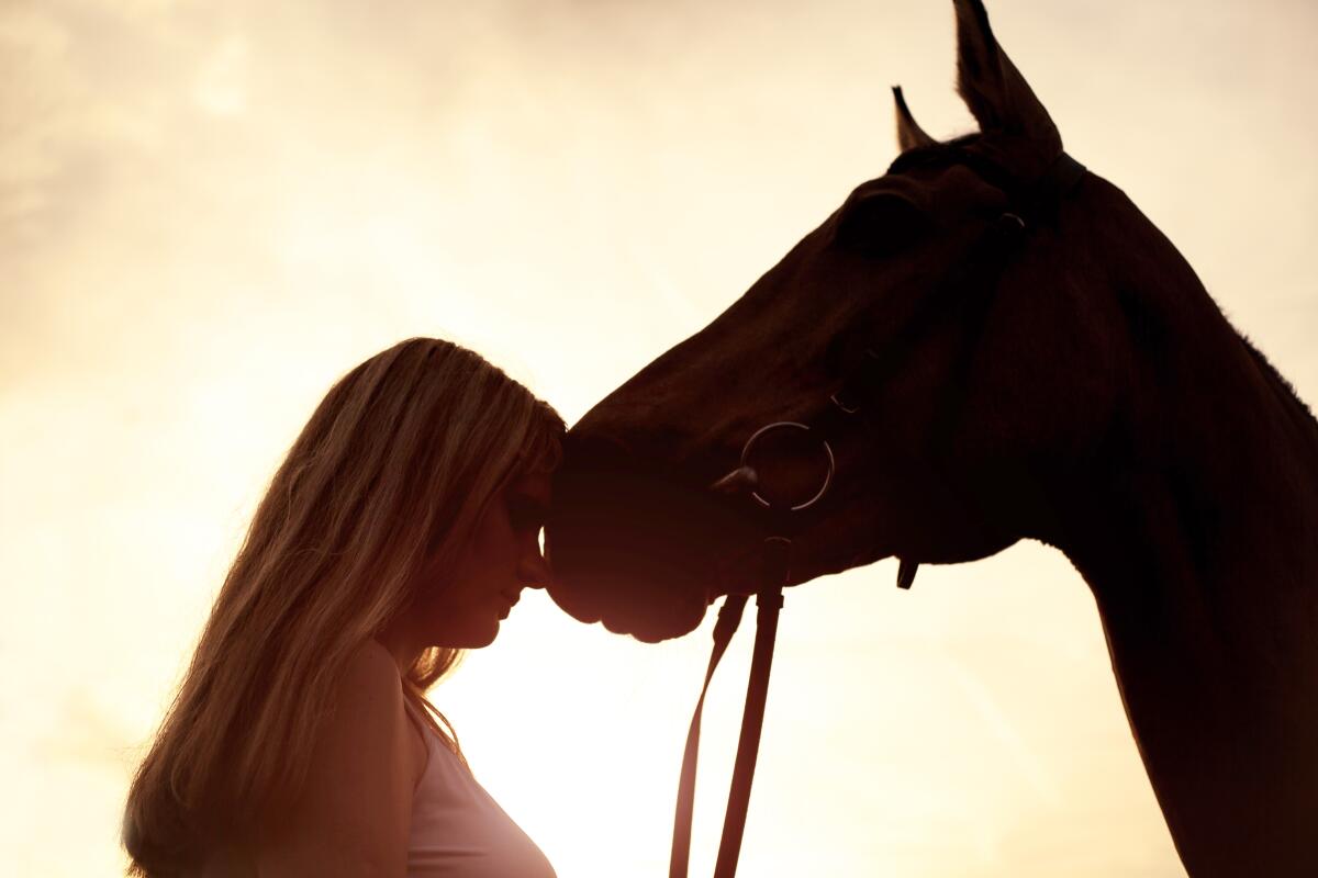 A woman leans her head against a horse's muzzle.