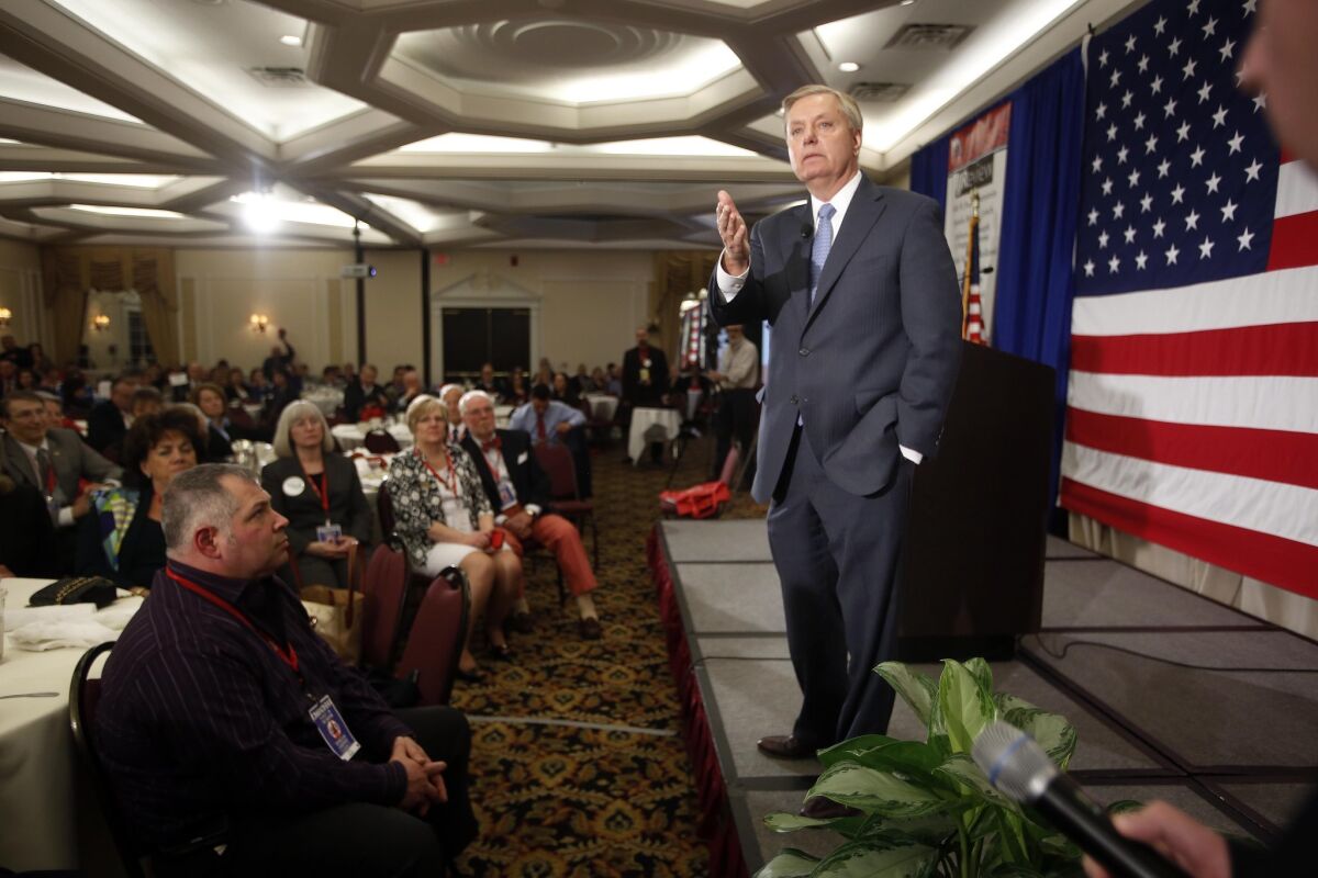 Sen. Lindsey Graham (R-S.C.) speaks at the Republican Leadership Summit in April in Nashua, N.H. He plans Monday to announce his bid for the party's presidential nomination, joining a crowded field.