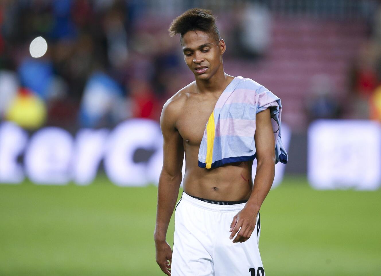 Bayer Leverkusen's Wendell reacts after their Champions League group E soccer match at Camp Nou stadium in Barcelona